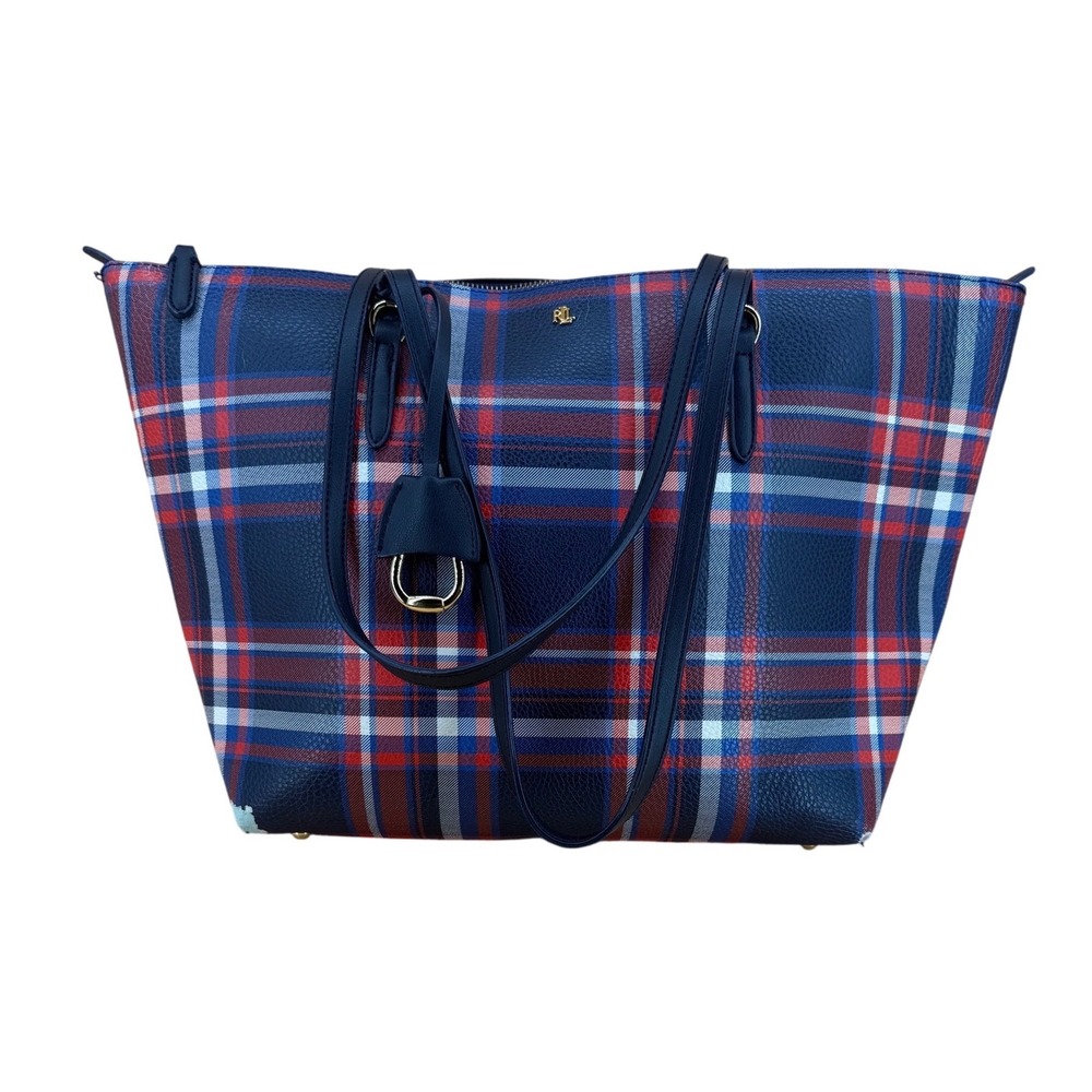 Lauren Ralph Lauren Tote Bag Women OS Blue Red Plaid Faux Leather Quiet Luxury